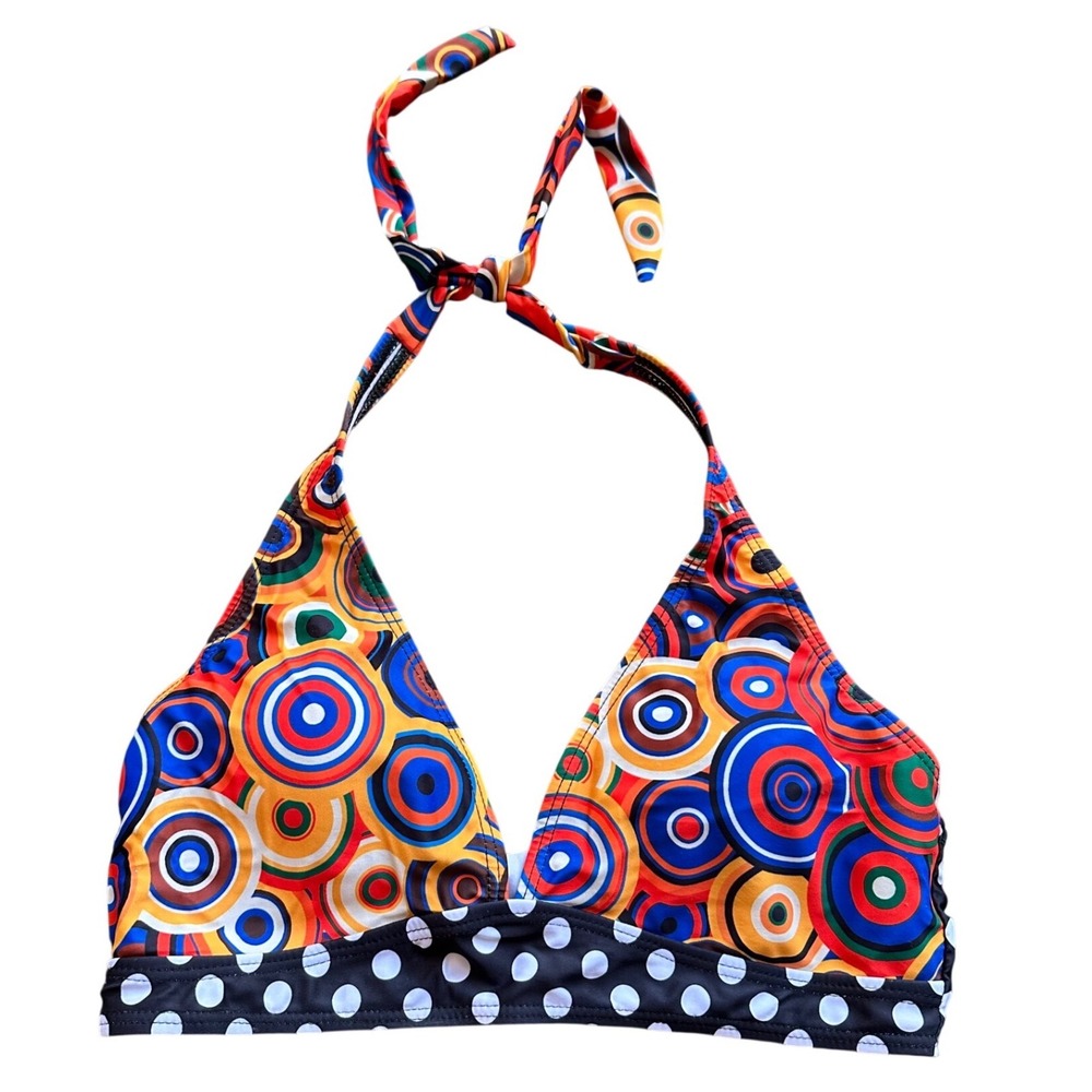Psychedelic Circle Print Halter Bikini Top‎ Polka Dot Band Multicolor Small